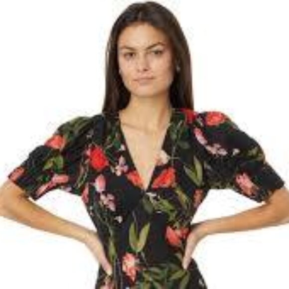 Ted Baker London Sienno black red pink floral puff sleeve mini dress size 12 - Picture 2 of 6